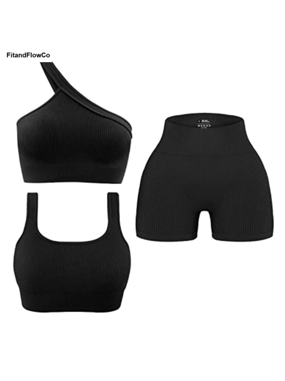 Seamless Ribbed 3-Piece Workout Set One-Shoulder Sports Bra & Biker Shorts